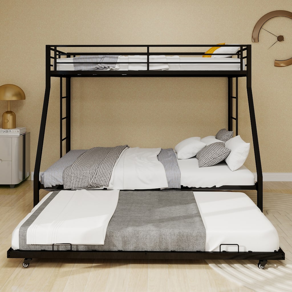 Modern Minimalist Queen Size Bunk Bed with Ladder & Rolling Trundle, Strong Load-Bearing for Home, Dormitory & Guest Room