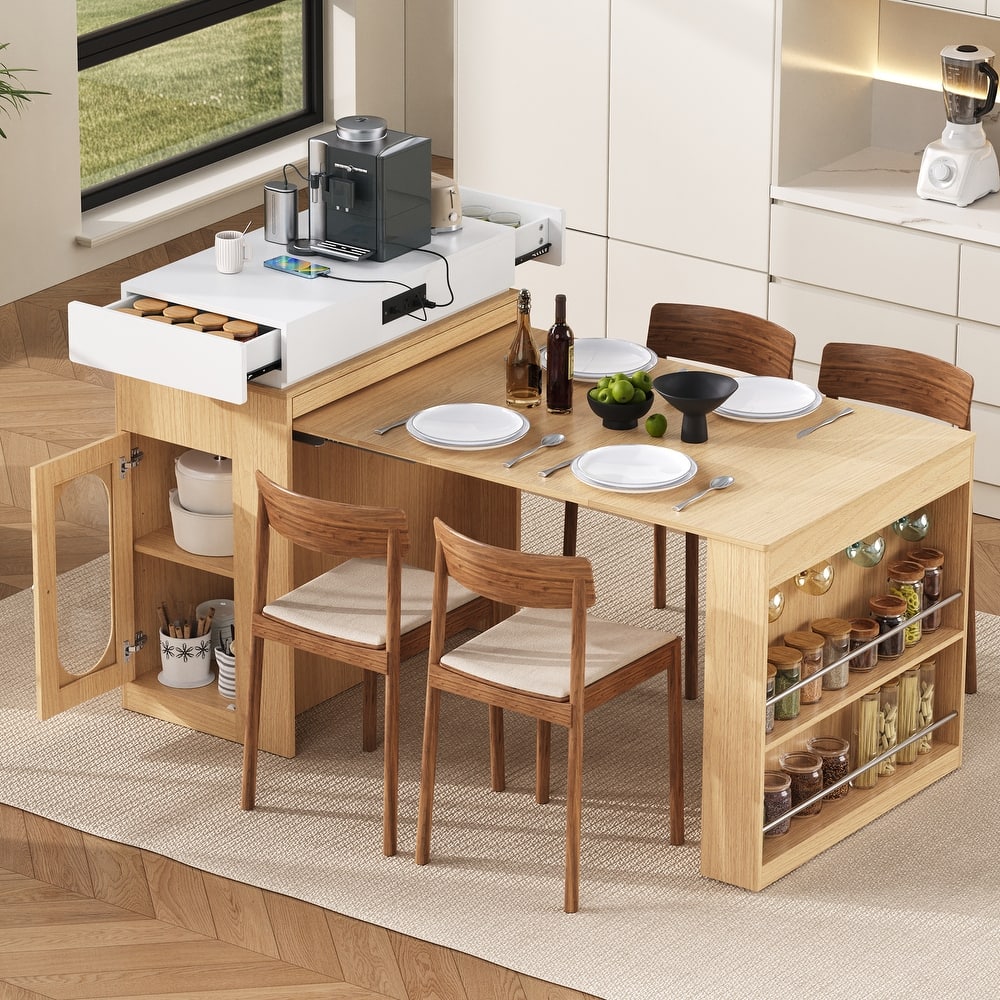 Extendable Kitchen Island Dining Table with Power Outlet, Rolling Sideboard with Folding Tabletop & Drawers