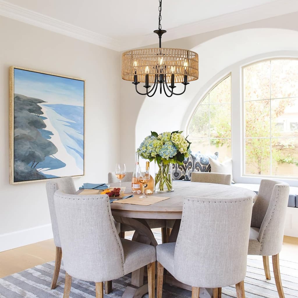 Chandelier Light Fixtures, 5-Lights Rattan Pendant Lighting with Hand Woven Wicker Shade, Brown Chandeliers for Dining Room