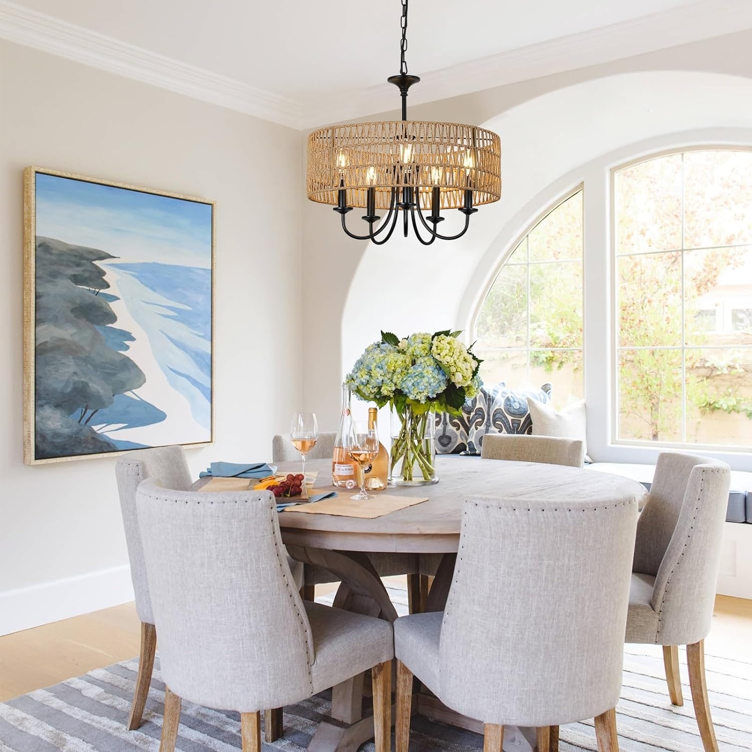 Chandelier Light Fixtures, 5-Lights Rattan Pendant Lighting with Hand Woven Wicker Shade, Brown Chandeliers for Dining Room
