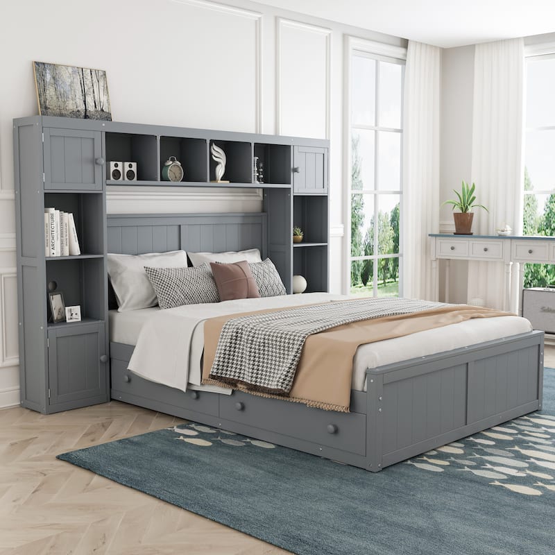 Full Size Wood Bed with All-in-One Cabinet and Shelf