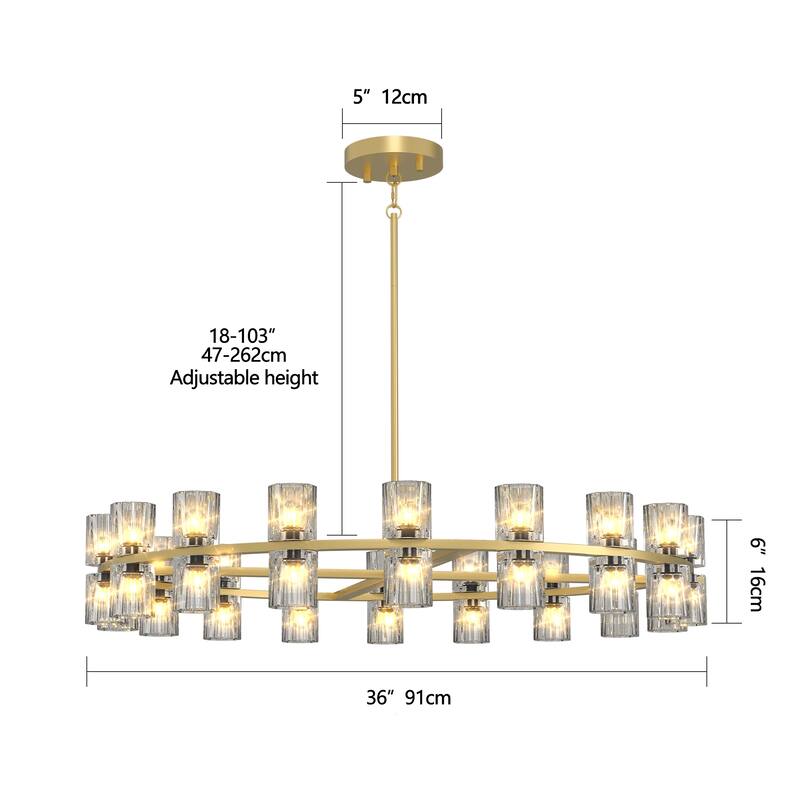 36" Gold K9 Crystal Round Chandelier - Dining, Living, Bedroom - 36 G4 Bulbs