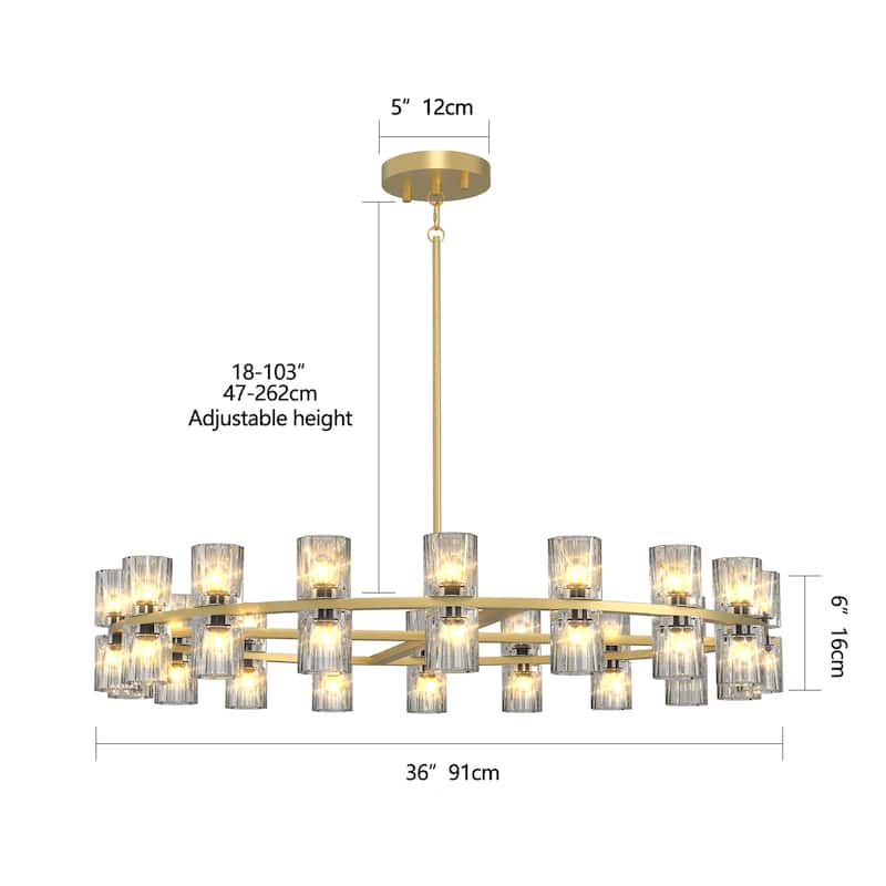 36-Inch Modern Gold Crystal Chandelier‌ - Elegant Round Ceiling Light Fixture with K9 Crystals (Includes 36xG4 Bulbs).