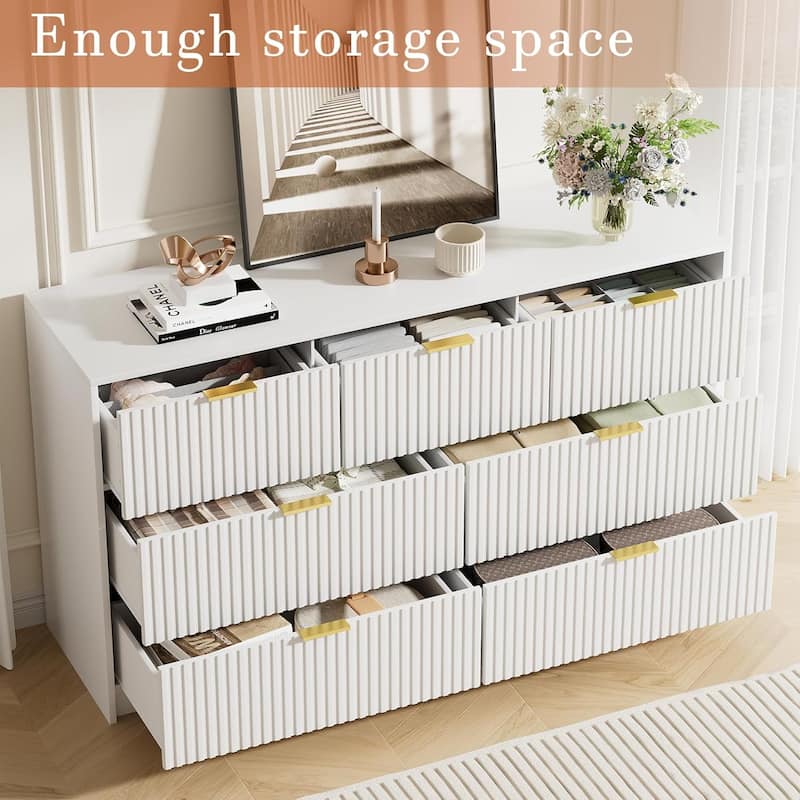 7 Drawer Dresser Fluted Wood Clothes Storage Cabinet, Modern Wide Dresser for Bedroom