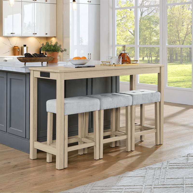 59" Counter Height Bar Table Set with Power Outlet, Industrial Breakfast Table with 3 Stools, 4 Piece Bar Table and Chairs Set