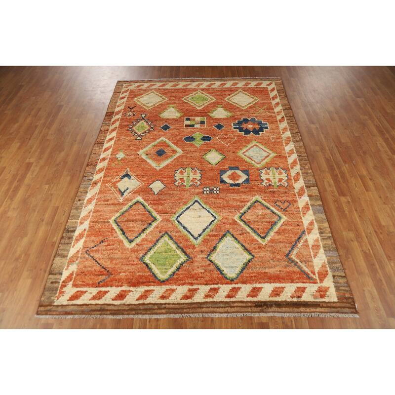 Moroccan Oriental Area Rug Handmade Orange Geometric Wool Carpet - 6'10" x 9'9"