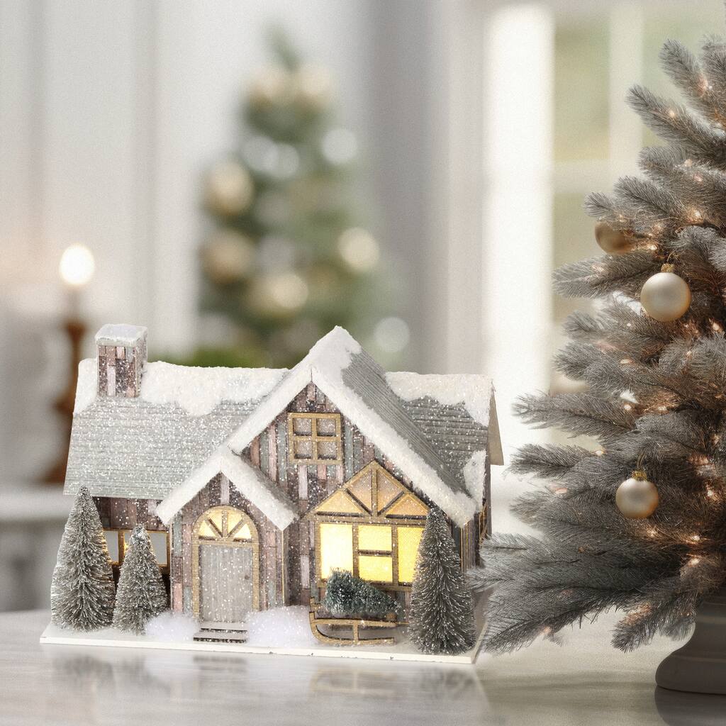 11" Led Battery Operated Timer Cardboard Log Cabin