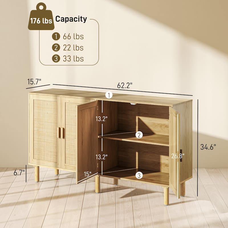 Natural Rattan Sideboard with Double-Tier Cabinets and Pine Legs Storage Console for Living Room Hallway