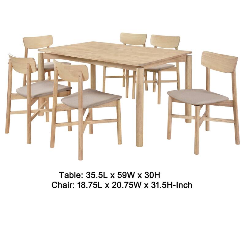 Rida 7pc Dining Table Set w 6 Tan Brown Upholstered Chairs, White Washed