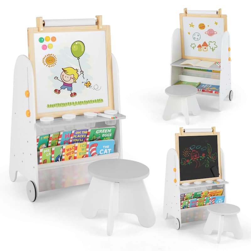 Costway 4-in-1 Kids Art Easel with Stool with Magnetic Whiteboard - See Details - Grey