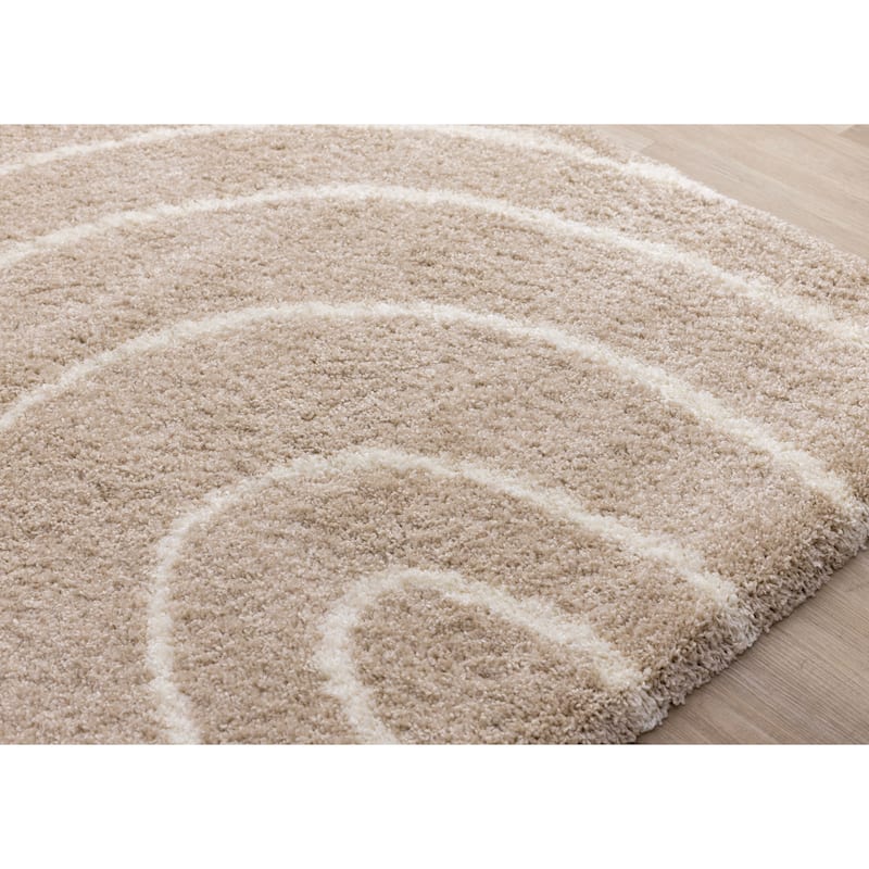 Taupe Cream Curved Lines Shag Living Rug