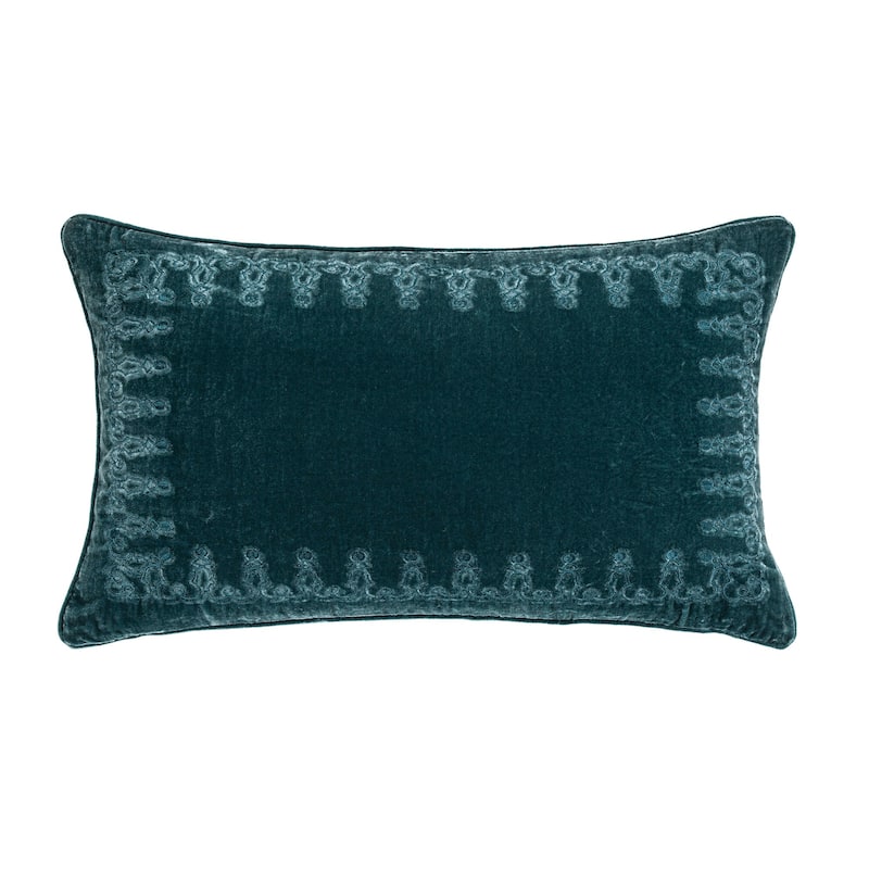 HiEnd Accents Stella Faux Silk Velvet Romantic Western Embroidered Decorative Throw Lumbar Pillow, 14"x24" - Storm Blue