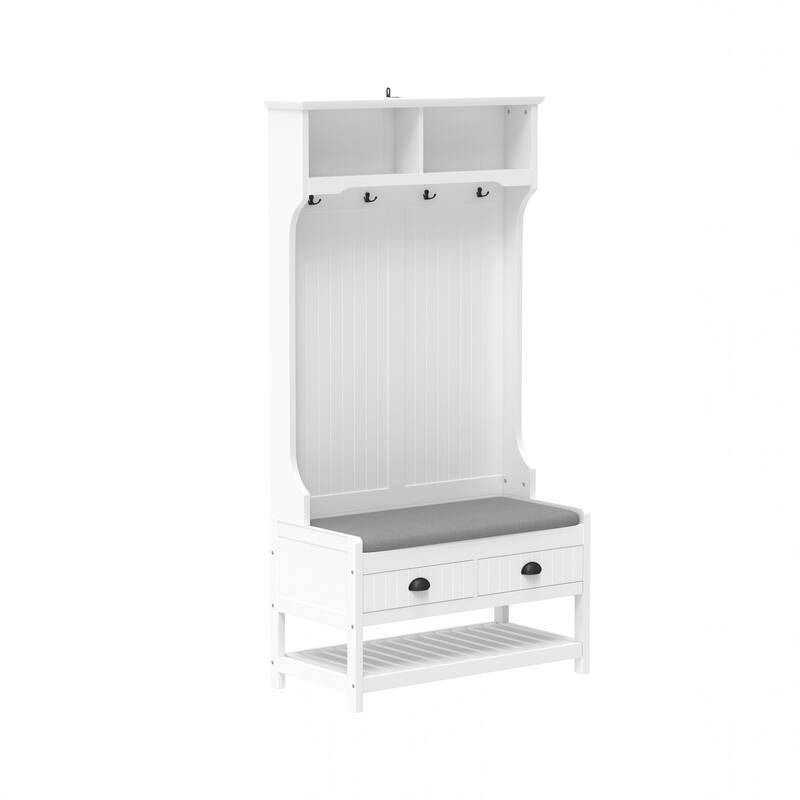 3-in-1 Hallway Hall Tree with 2 Storage Drawers, 4 Coat Hooks, Padded Bench Cushion, Entryway Shoe Rack with Top Shelves