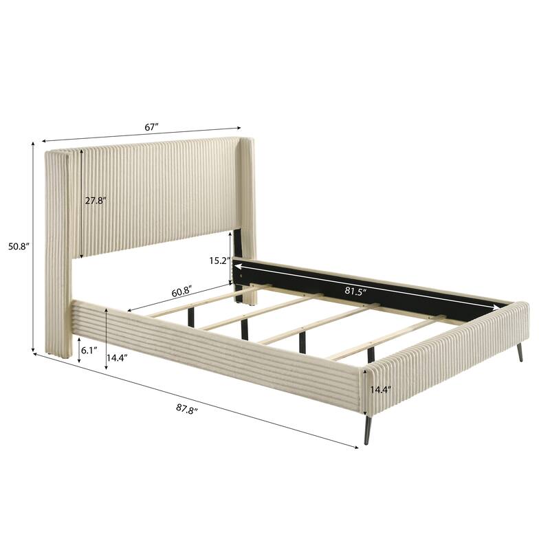 King Size Upholstered Panel Bed with Wide Wale Corduroy Fabric, Elegant Wingback Headboard, Modern Design