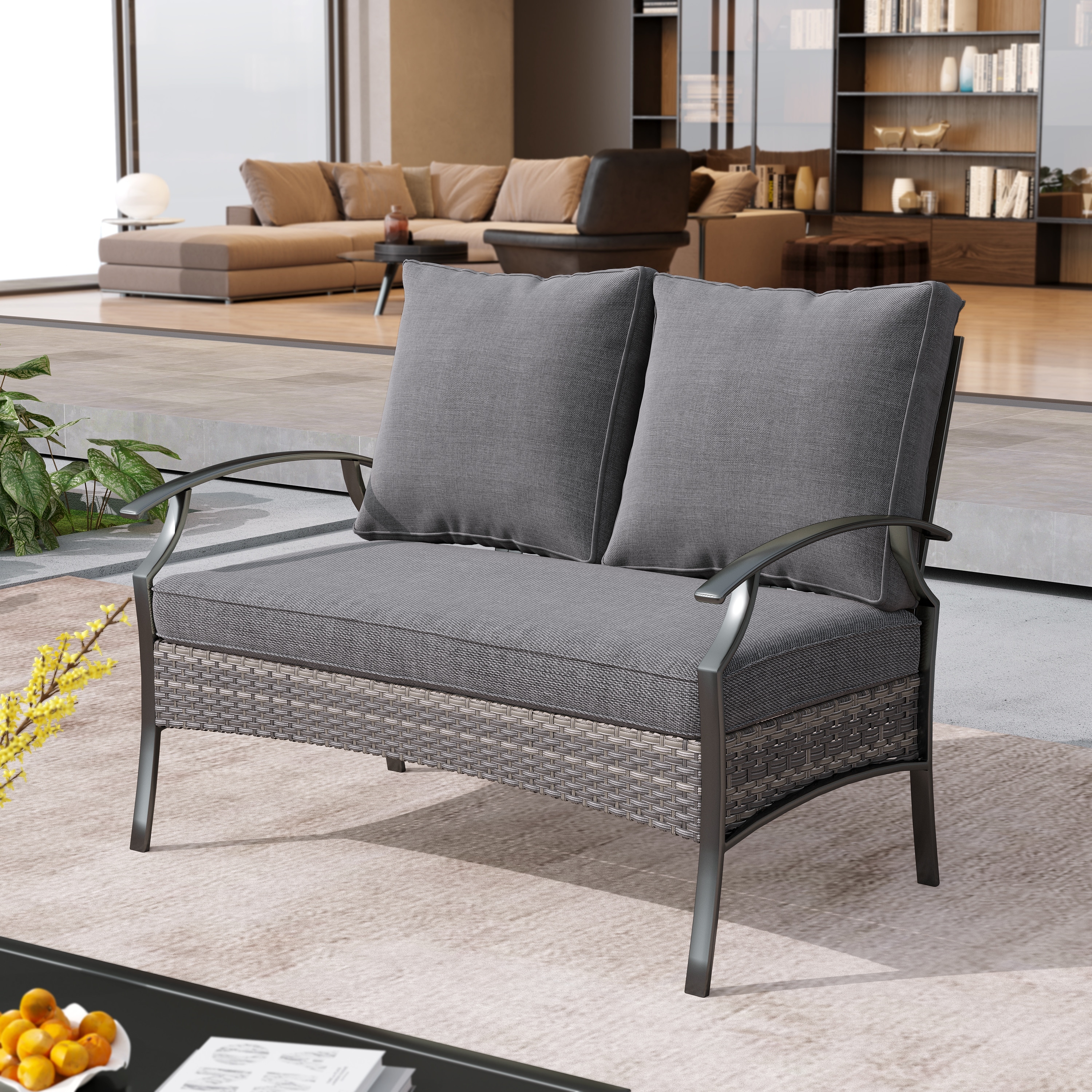 Uixe Outdoor Patio All-Weather Wicker Loveseat with Cushions