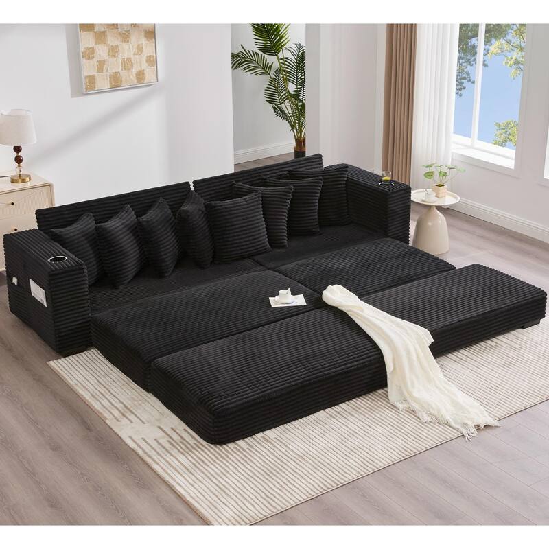 110.75" Corduroy Sectional Sofa, Convertible Sleeper Sofa Bed L-Shaped Upholstered Couch with Removable Footstool, Cup Holder