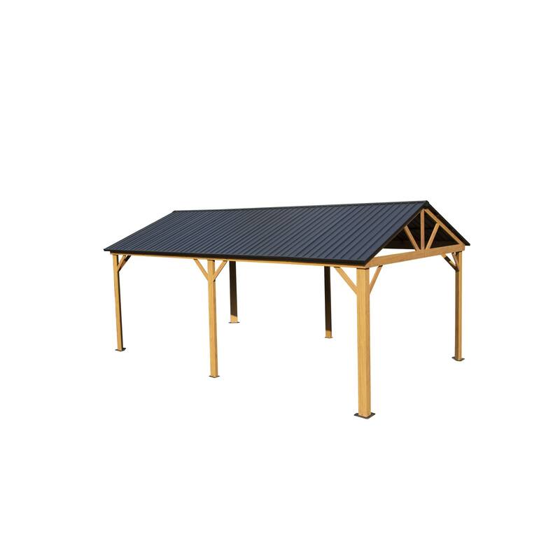 GDFStudio - Virginia Outdoor Hardtop Gazebo with Wood-Look Aluminum Frame and Galvanized Steel Gable Roof - 12'x20' - Yellow Brown