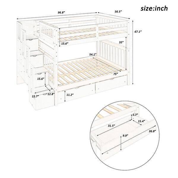 White Full Over Full Bunk Bed with Storage Shelves, 6 Drawers, and Safe Staircase Access