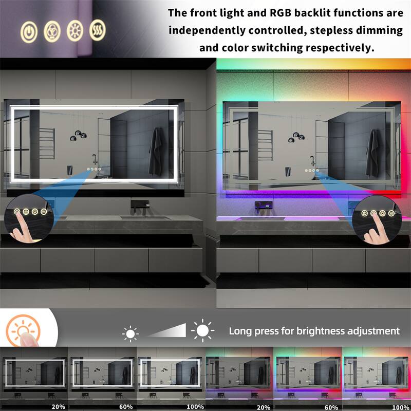 RGB LED Bathroom Mirror Anti Fog Dimmable Dual Lighting Touch Memory