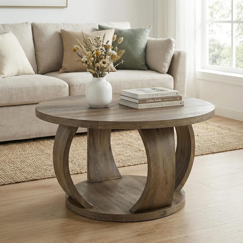 Round Coffee Table, 2-Tier Coffee Table with Storage, Wooden Center Table for Living Room, Apartment, Small Space