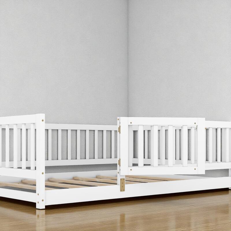 Twin/Full Montessori Floor Bed with Slats, Fence and Door, Wood Low Kids Bed for Girls and Boys, No Box Spring Needed
