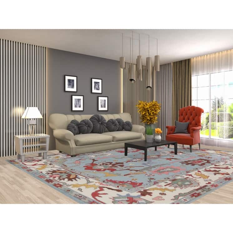 Light Blue Oushak Rug Hand-Knotted Oriental Wool Carpet - 9'2"x 11'8"