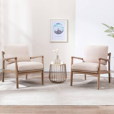 2 Pcs Wood Frame Arm Chair, Mid Century Modern Farmhouse Accent Chair Lounge Chair for Living Room, Bedroom, Home Office