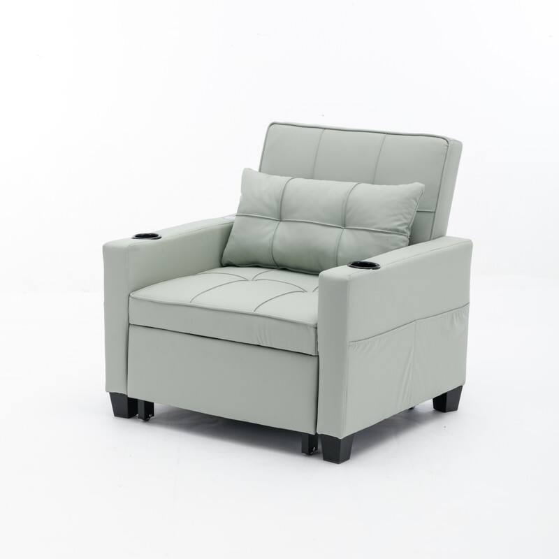 3-in-1 Convertible Sofa Chair,Pull Out Sleeper Chair with USB Ports and Cup Holders（Leather）