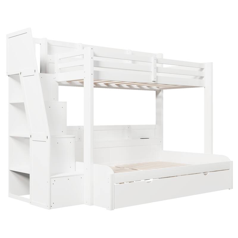 Roomfitters Twin Over Full Bunk Bed with Storage Staircase, Trundle, LED and USB