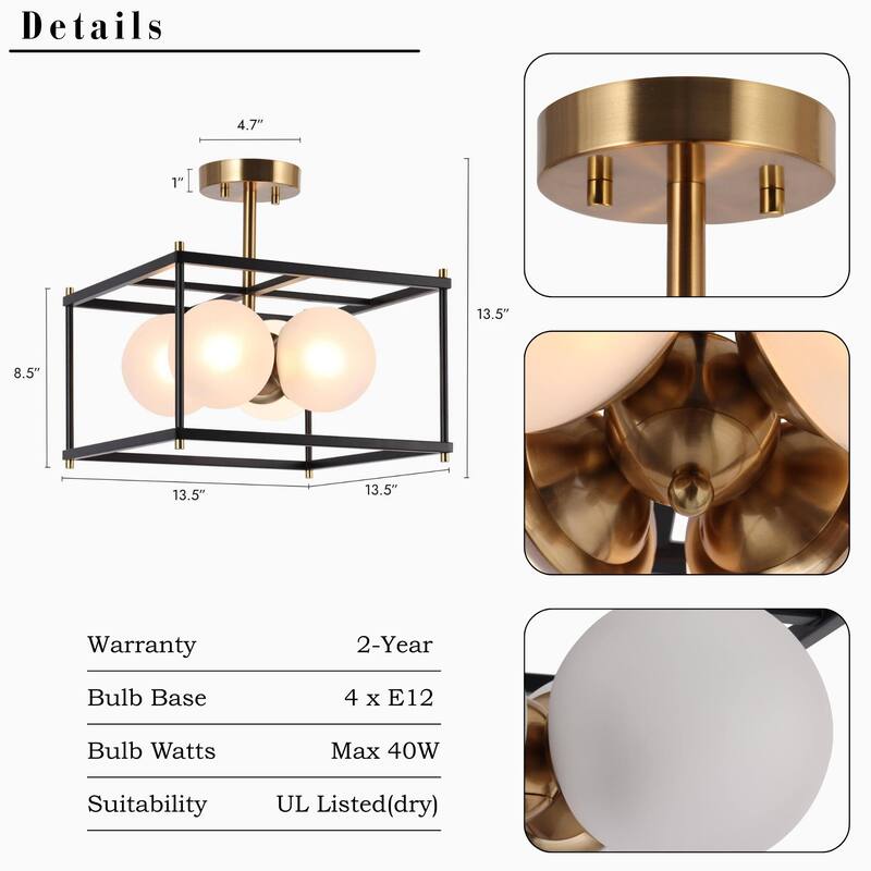 Modern 4-Light Black Gold Chandelier Square Semi Flush Mount Frosted Glass Ceiling Light for Kitchen - L13.5" x W13.5" x H13.5"