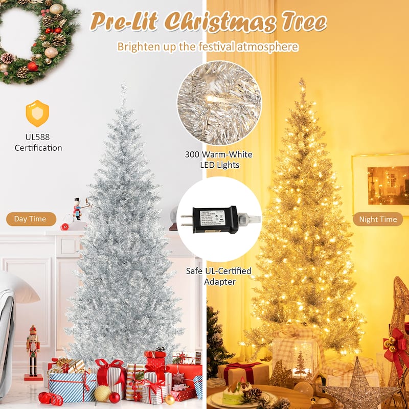 Gymax 6 FT Pre-lit Artificial Silver Tinsel Christmas Tree Slim Pencil