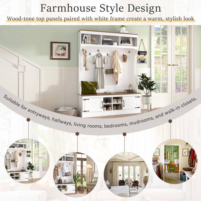 71 Inch Farmhouse Hall Tree with Bench and Shoe Storage 7 Hooks