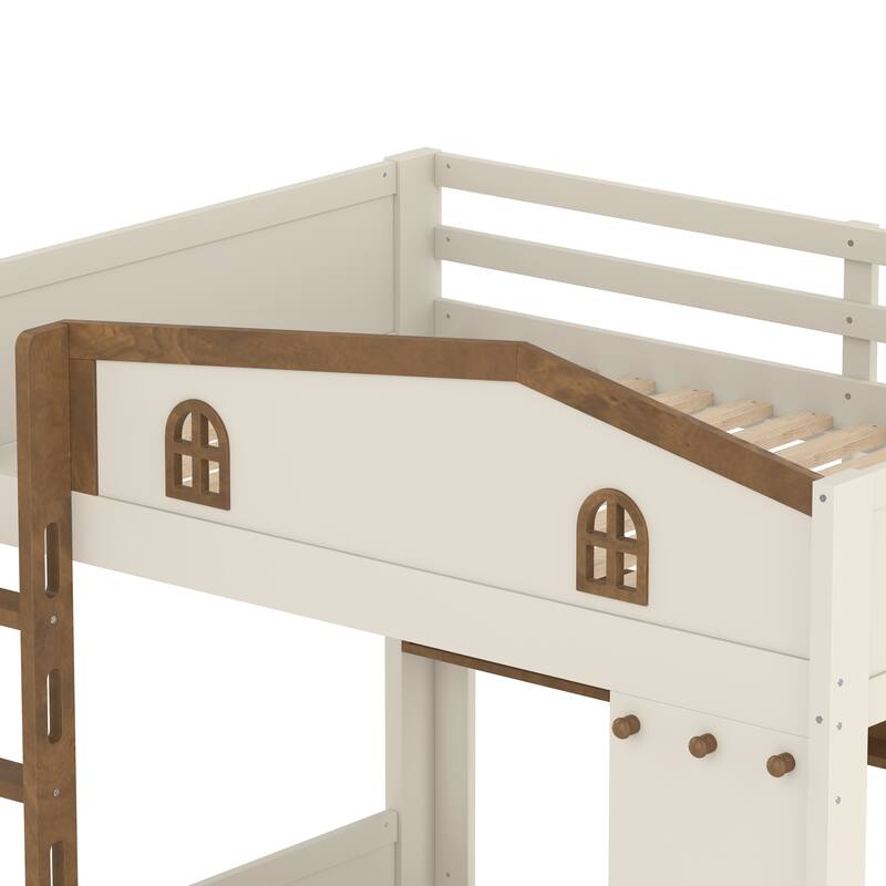 House-shaped Bunk Bed with Hooks, Storage Shelves, Safety Guardrails and Optional with Underbed Drawers or Trundle Bed