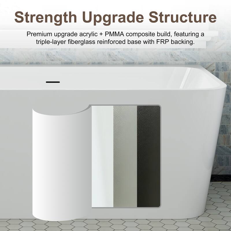 55 in. Freestanding Acrylic Soaking Bathtub, Modern Rectangle Design with Included Drainer