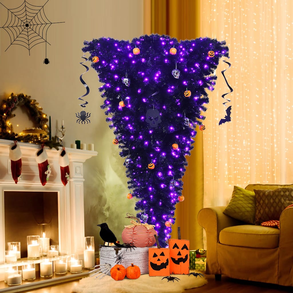 Gymax 6FT Pre-lit Upside Down Black Halloween Tree Artificial - See Details