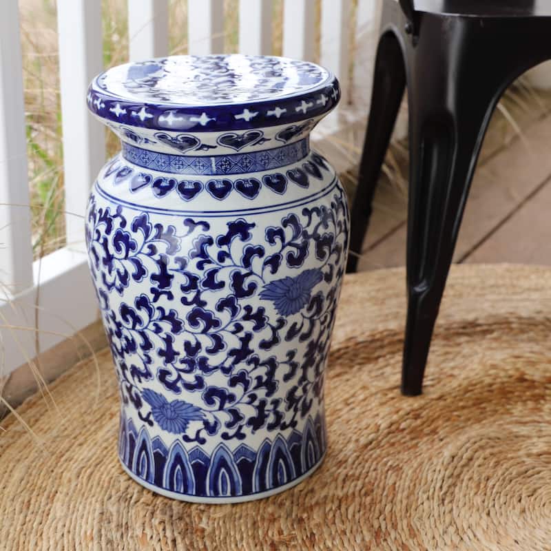 Euro Ceramica Blue Garden Porcelain Decorative Lotus Podium Stool