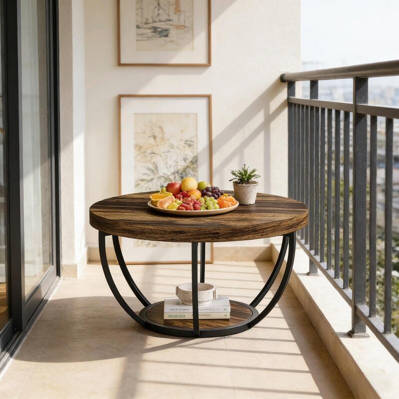 Round 2-Tier Wood Coffee Table with Metal Base for Living Room