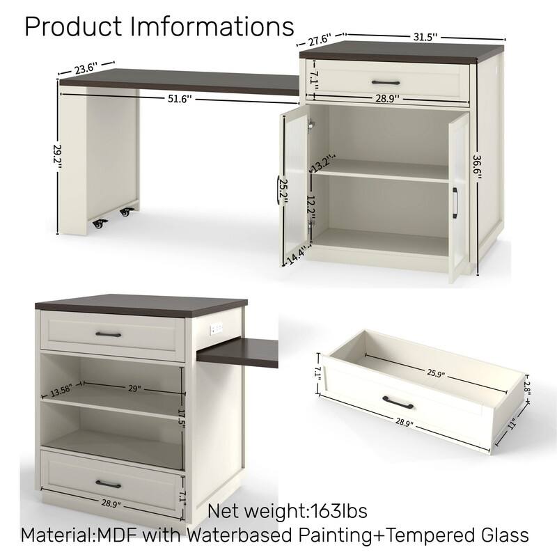 Extendable Kitchen Island with Slide Out Table and Double-Sided Storage for Home and Dining Use