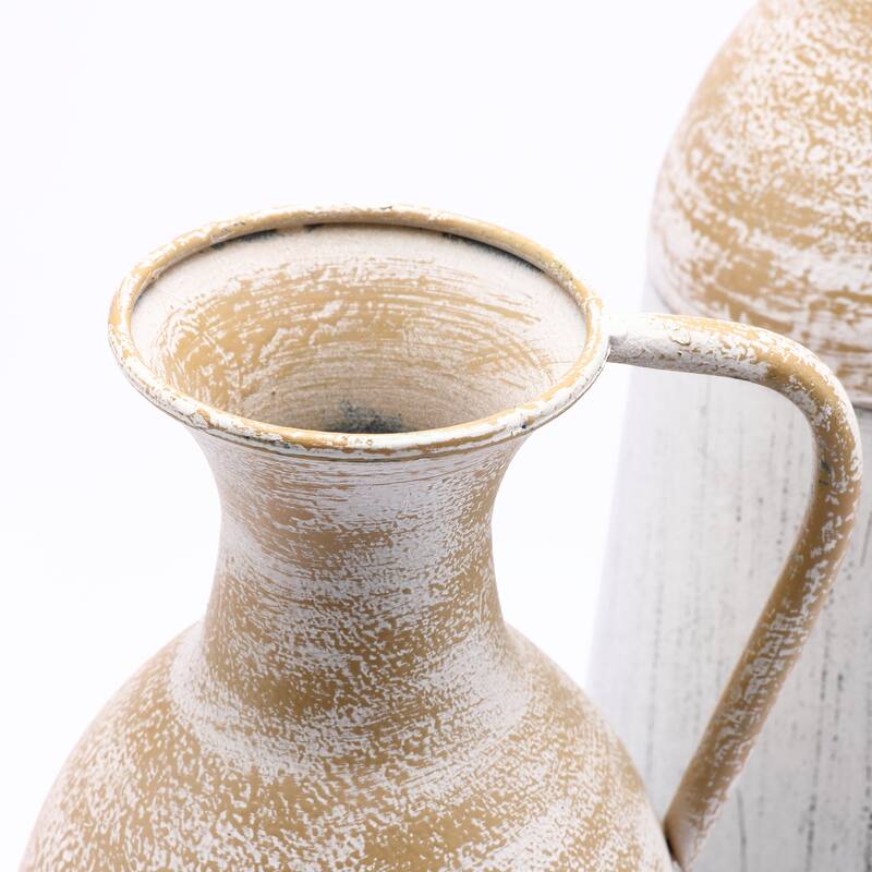 Distressed Off White and Rustic Brown Metal Pitcher Vase (Set of 2)