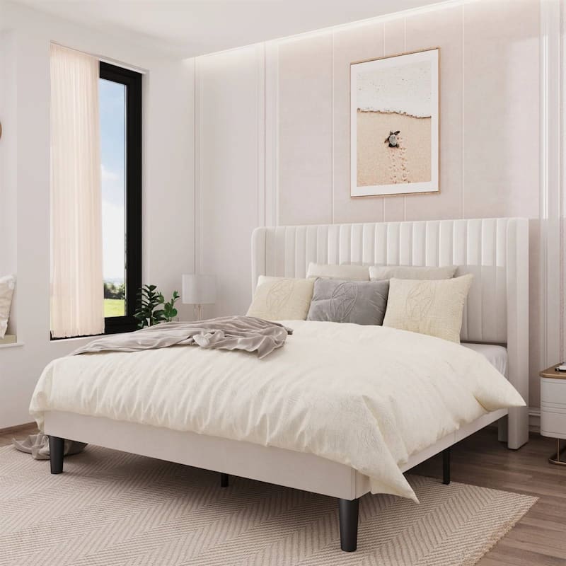 White Velvet Upholstered Platform Bed Frame with Wingback Headboard - White - Queen