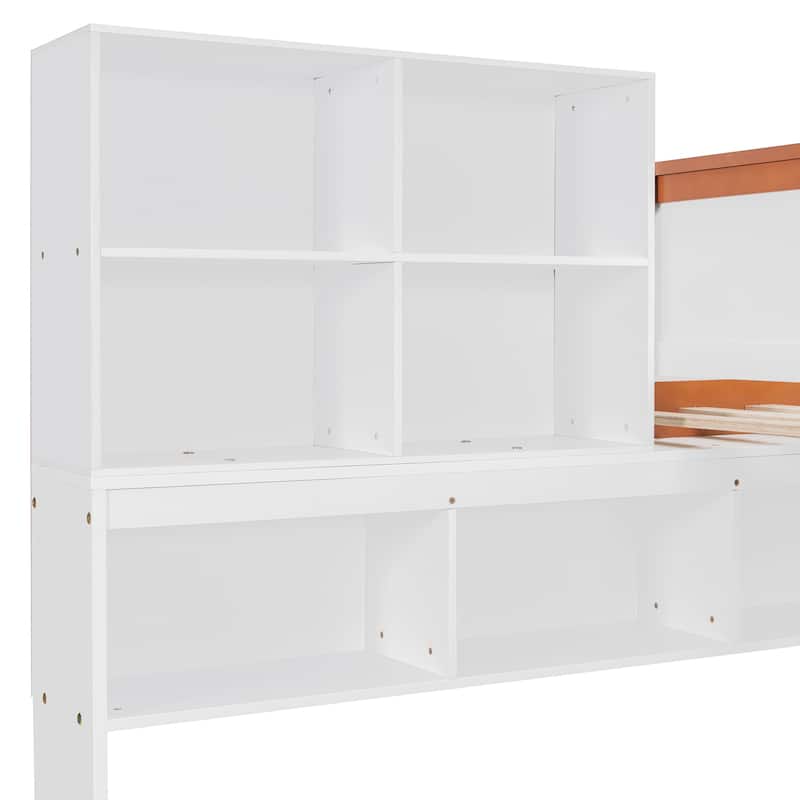 Twin Over Full Wooden Bunk Bed With Wardrobe, Drawers, Shelves And Led Light