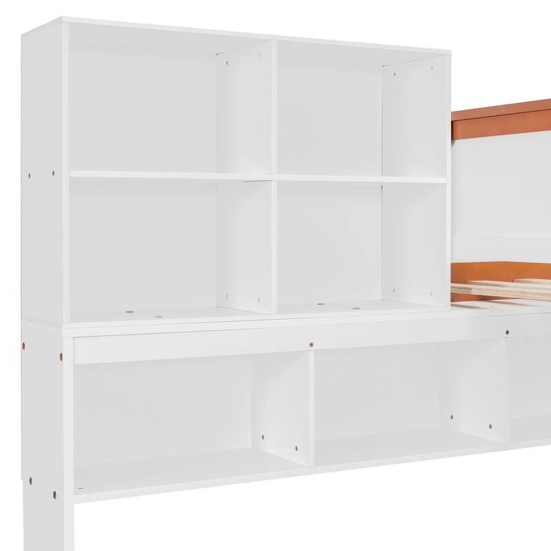 Twin Over Full Wooden Bunk Bed with Wardrobe, Drawers, Shelves and LED Light in White and Orange