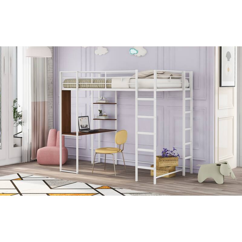 Twin Size Metal Loft Bed with Desk and 2 Shelves, White Finish, Sturdy Frame