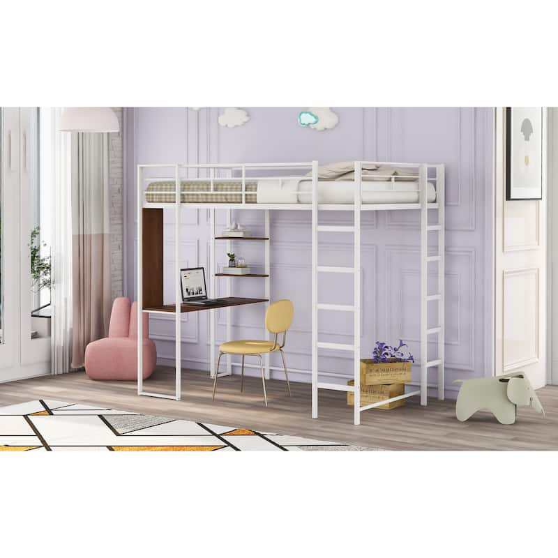 White Twin Metal Loft Bed with Ladder, Fence & Desk