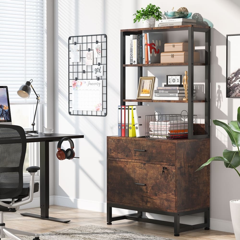 Brown/ Black Wood Industrail File Cabinet with Lock, Mdern Bookshelf with 2 Drawers, Etagere Bookcase