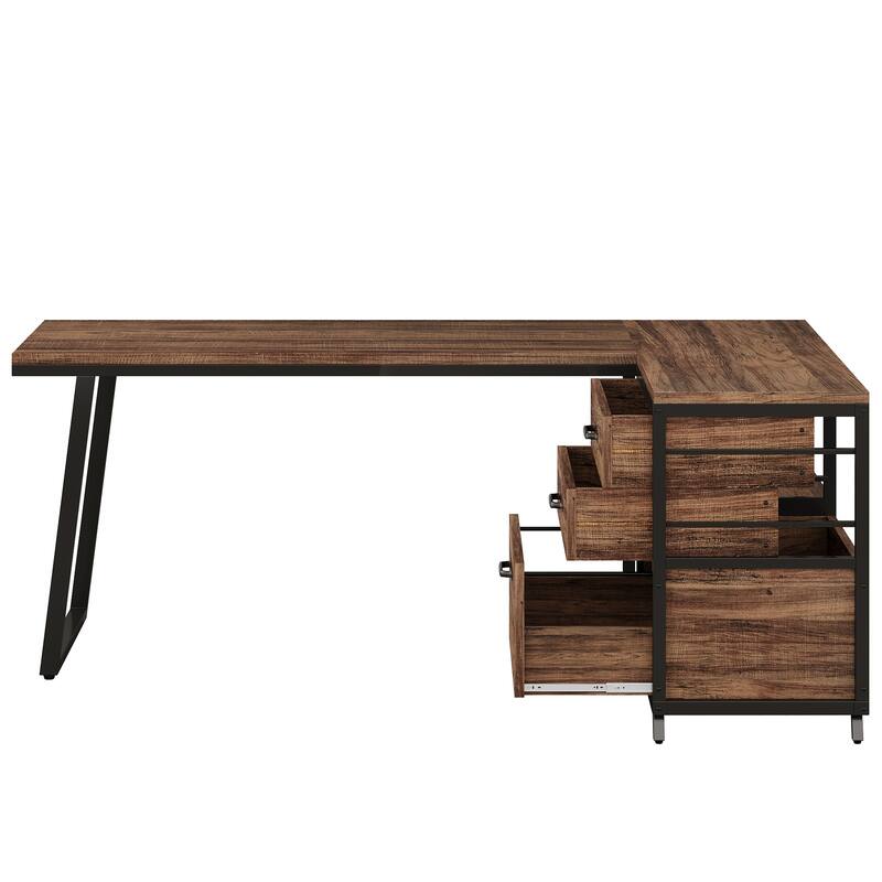 53" Reversible L-Shaped Computer Desk with 3 Drawers and Storage Shelves, Rustic Brown