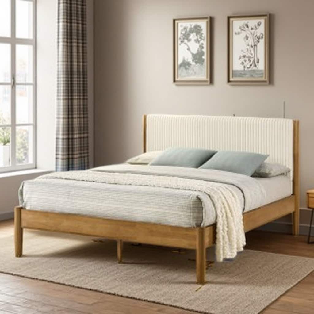 Queen Size Platform Bed with Upholstered Corduroy Headboard, Solid Rubberwood Frame in Light Walnut Finish