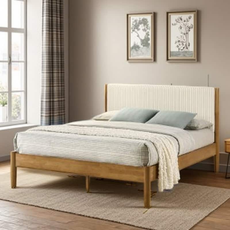 Queen Size Platform Bed with Upholstered Corduroy Headboard, Solid Rubberwood Frame in Light Walnut Finish - Walnut