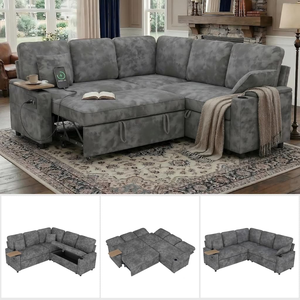 81" Modular Sectional Sofa,L Shaped 5&7-Seater Sleeper Sofa with Pull Out Bed,Hidden Storage,Cup Holders & USB Charging Ports
