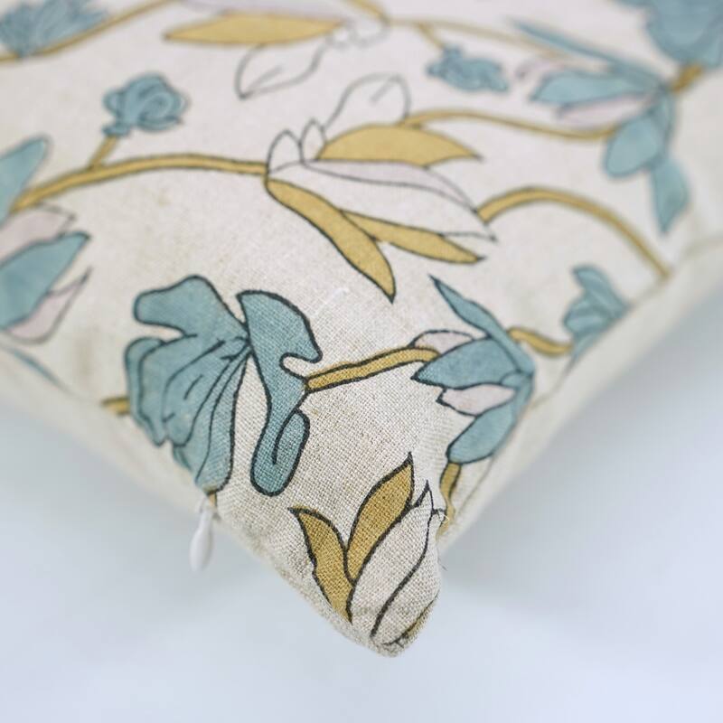 Fabdivine Eco Block Print Floral Cushion Cover for Living Room or Chair, Rustic Soft Linen Pillowcase 18x18 Inch, Shivri